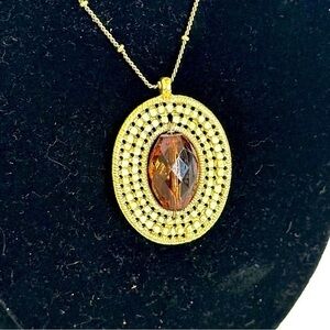 Gold and Brown oval Pendant adjustable Necklace handmade